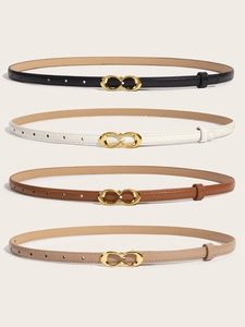 Slim women's leather belts with gold buckle in black, brown, white, and beige colors