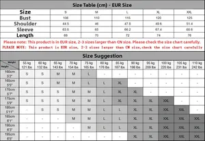 Detailed size chart for men's long sleeve Polo sweatshirt including EUR dimensions