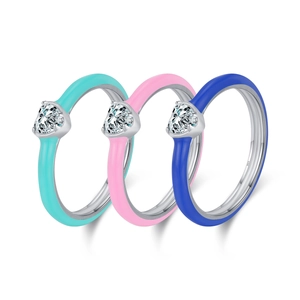 Three S925 sterling silver heart rings with colorful enamel bands in turquoise, pink and blue