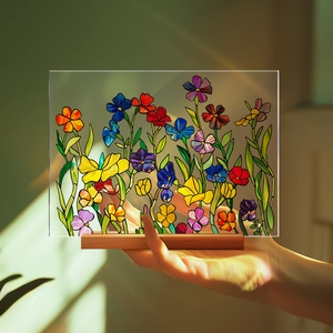 Floral glass-style acrylic desk ornament with a wooden base shown in sunlight