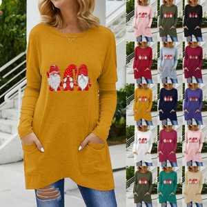 Women's Christmas Gnomes Print Long Sleeve T-Shirt Loose Round Neck Tunic Top With Pockets Casual Holiday Polyester Apparel
