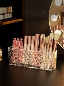 Detailed view of 4-slot clear acrylic brush holder with elegant water ripple texture
