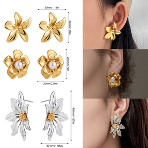 Flower Stud Earrings 18K Gold Plated Stainless Steel Artificial Pearl Sunflower Daisy Vintage Elegant Jewelry For Women