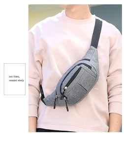 Detail of gray polyester waist bag featuring dual zipper pockets and textured fabric