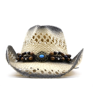 Handwoven straw cowboy hat with distressed brim and turquoise beaded leather band