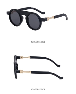 Detailed multi-angle views of round black sunglasses with gold metal temple hinges