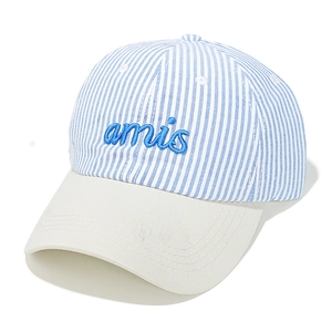 Detail of blue striped cotton fabric and amis embroidery on this baseball cap