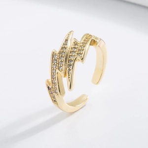 Lightning bolt ring in 18K gold plated copper with pavé cubic zirconia accents