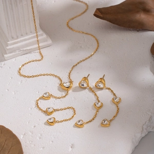 Golden heart zircon tassel earrings and Y-necklace set made of stainless steel for women