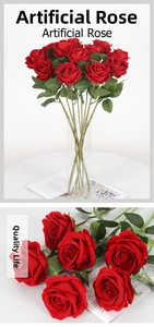 Macro view of vivid red velvet artificial roses and silk petals for home flower decoration