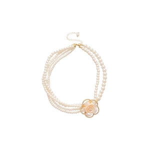 Elegant multi-layer pearl necklace with a detailed beige floral pendant for women