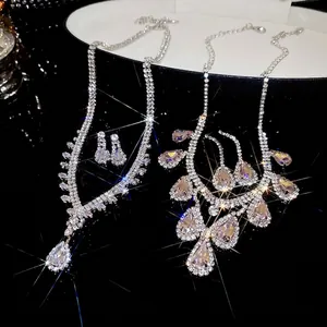 Luxury Waterdrop Pear Zircon Jewelry Necklace Earring Women Copper Inlaid Rhinestone Silver Color Shiny Elegant Wedding