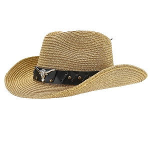 Western straw cowboy hat with golden thread and silver longhorn bull skull buckle
