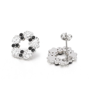 Silver flower cluster stud earrings featuring black and white crystals in a round halo design