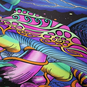 Macro shot of psychedelic mushroom tapestry showing high-density digital printing details