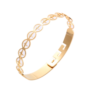 Adjustable golden stainless steel oval bangle featuring an ECG heartbeat cutout pattern