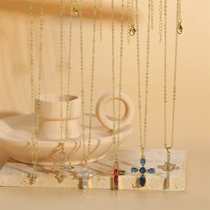 Collection of 14K gold-plated cross necklaces with zircon and colorful gemstones