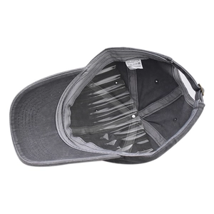 Detail view of charcoal grey washed cotton baseball cap with internal shape support
