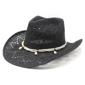 Atmungsaktiver schwarzer Stroh-Cowboyhut mit eleganter zweilagiger Perlenschnur-Verzierung