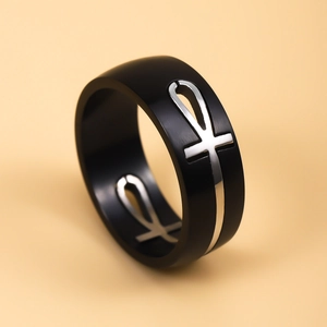 Unisex black matte stainless steel Ankh ring with silver Egyptian life symbol
