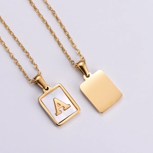 18k gold plated stainless steel initial necklace with white shell pendant square charm