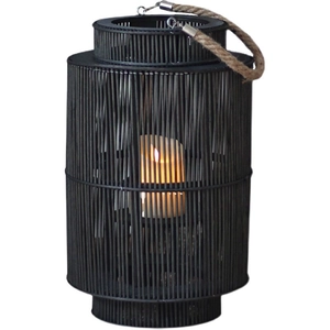 Nordic hand-woven black lantern candle holder with hemp rope handle and white pillar candle
