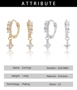 Tableau des spécifications des boucles d'oreilles S925 en argent et CZ avec poids et matière