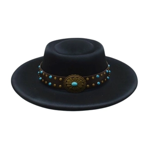 Ethnic style black wool felt western cowboy hat with turquoise leather band decoration