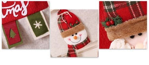 Detail of Christmas chair cover with 3D snowman and Santa doll in plaid fabric