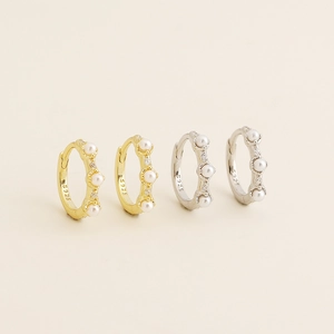 Elegant S925 silver hoop earrings with white pearls and small diamonds in gold and silver