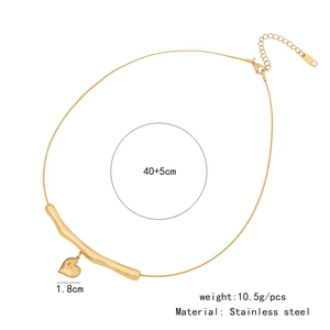 Detail view of gold stainless steel necklace with bar and heart pendant measurements