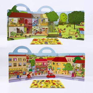 Detail of reusable children stickers with house interior and garden scenes for kids
