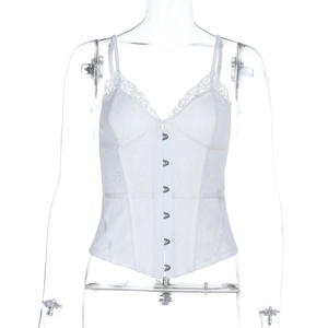 Detail of white floral lace camisole featuring front metal hook-and-eye closure