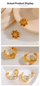 Detailed views of gold titanium steel earrings featuring pearl, diamond, and floral designs