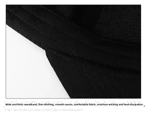 Detail of widened thick sweatband and neat stitching on black baseball cap interior