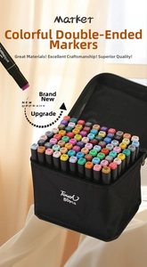 Close-up of 80-color dual-tip art markers set in a black portable carrying case