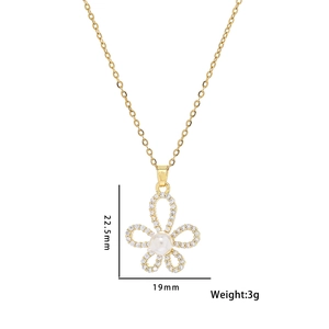 Golden sun flower necklace with white pearl and crystal rhinestones 22.5mm pendant