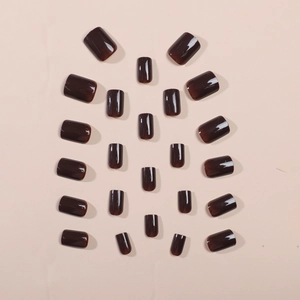 Set of 24 dark brown glossy short square press-on nails on a minimalist beige background