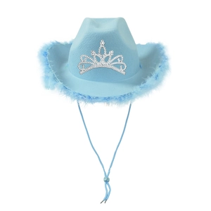 Light blue western cowboy hat with crown sequin emblem and plush feather trim border