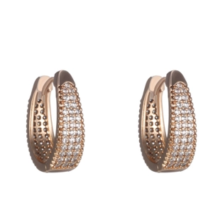 Geometric oval rose gold hoop earrings with pavé white zircon stones on white background