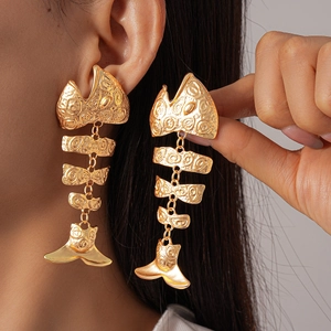 Exaggerated Fishbone Drop Earrings For Women Alloy Fish Skeleton Dangle With 925 Sterling Silver Earring Post Vintage Punk