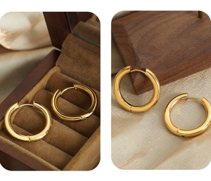 Detail of classic 18k gold plated hoop earrings displayed on premium jewelry packaging