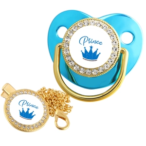 Close-up of blue baby pacifier with gold crown Prince design and matching chain clip