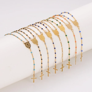 Bohemian gold stainless steel rosary necklaces with colorful beads and cross pendants