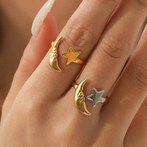 Star Moon Open Ring 18K Gold Plated Stainless Steel Adjustable Geometric Mixed Color Face Carved Jewelry For Women