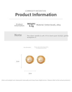 Size chart showing 2cm diameter gold plated cotton pearl earrings with weight details