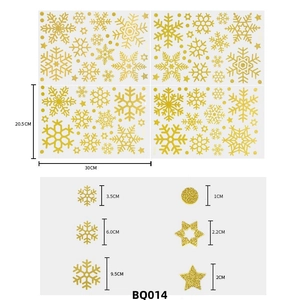 Detailed size chart for golden snowflake window stickers featuring various glitter patterns