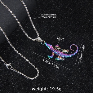 Colorful crocodile pendant necklace with stainless steel chain and rainbow metal finish