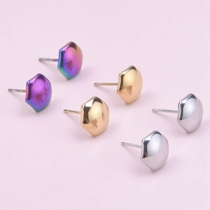 Polished stainless steel pentagon earrings in gold, silver and iridescent purple