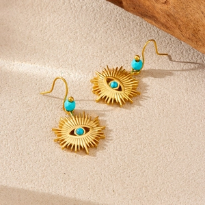 Vintage gold-plated stainless steel sun-eye earrings with blue turquoise beads